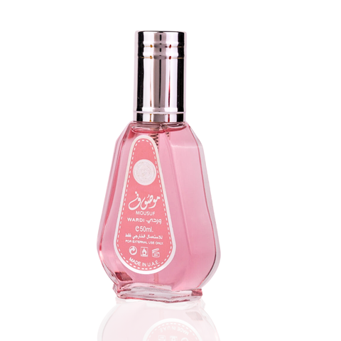 Ard Al Zaafaran Mousuf Wardi Eau de Parfum Spray 50ml with floral and woody notes in a sleek bottle.