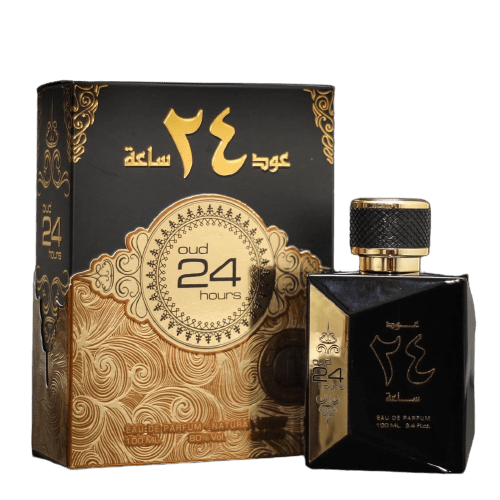 Front view of Ard Al Zaafaran Oud 24 Hours Eau de Parfum spray bottle, featuring a sleek design and clear label.