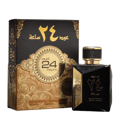 Front view of Ard Al Zaafaran Oud 24 Hours Eau de Parfum spray bottle, featuring a sleek design and clear label.