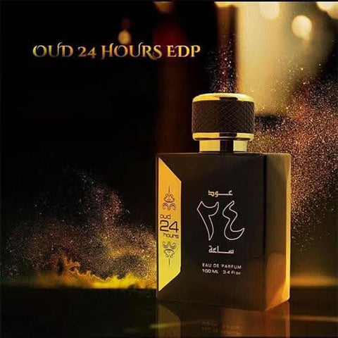 Ard Al Zaafaran Oud 24 Hours Eau de Parfum spray bottle, 100ml, with elegant packaging and dark amber liquid inside.