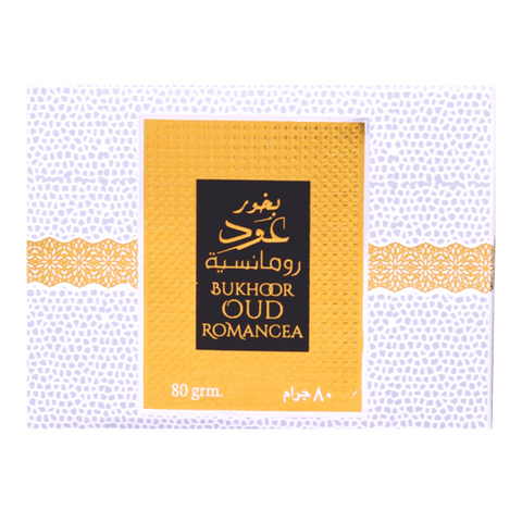 Ard Al Zaafaran Oud Romancea Bakhoor 80GMS, aromatic traditional incense with elegant packaging and rich scent.