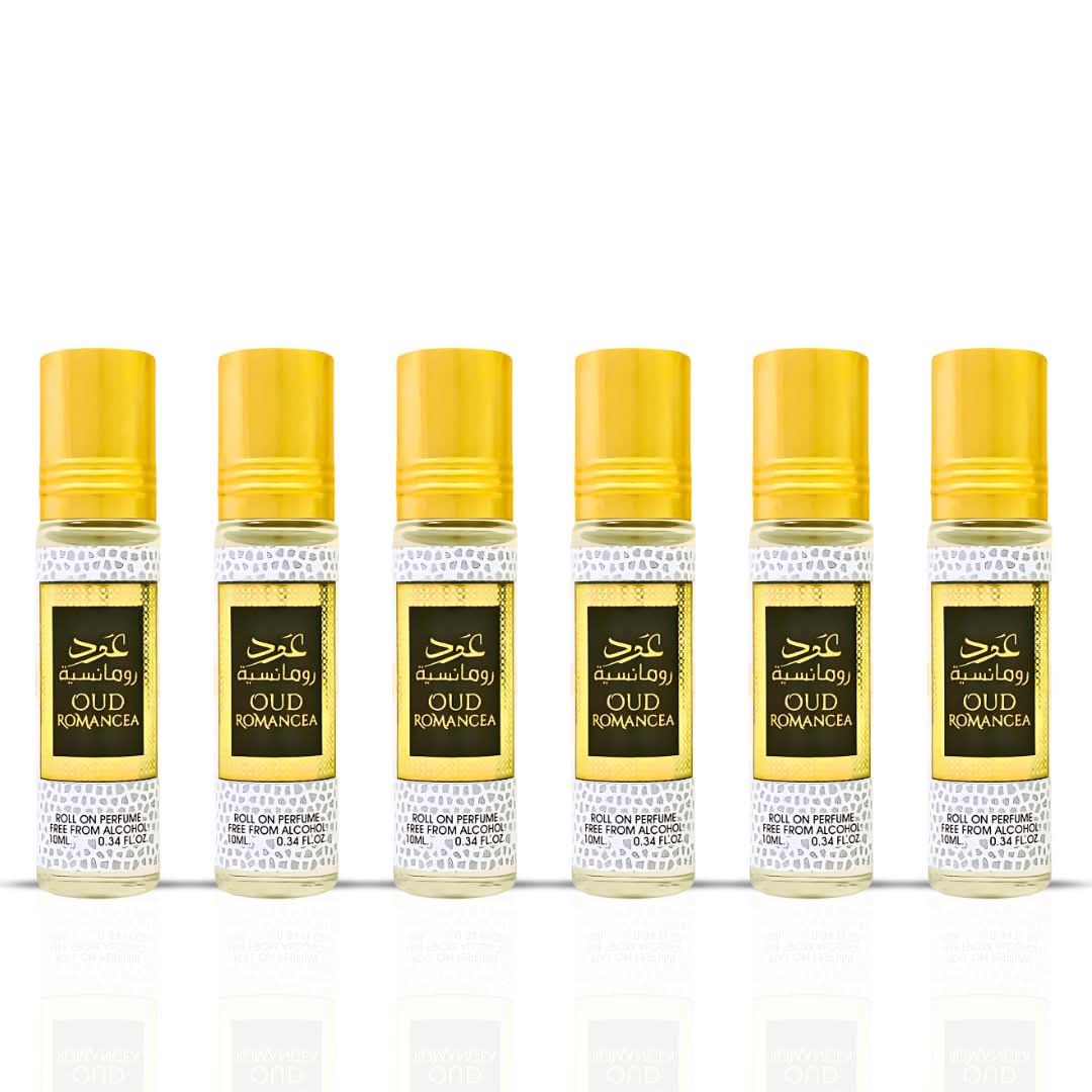 Six 10ml bottles of Ard Al Zaafaran Oud Romancea CPO concentrated perfume oil for men and women, miniatures with long-lasting scent.