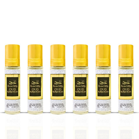 Six 10ml bottles of Ard Al Zaafaran Oud Romancea CPO concentrated perfume oil for men and women, miniatures with long-lasting scent.