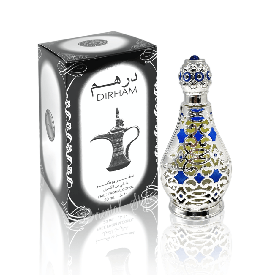 Dirham Perfume Oil by Ard Al Zaafaran, 20ML concentrated perfume oil with fresh and vital scent in a small glass bottle.