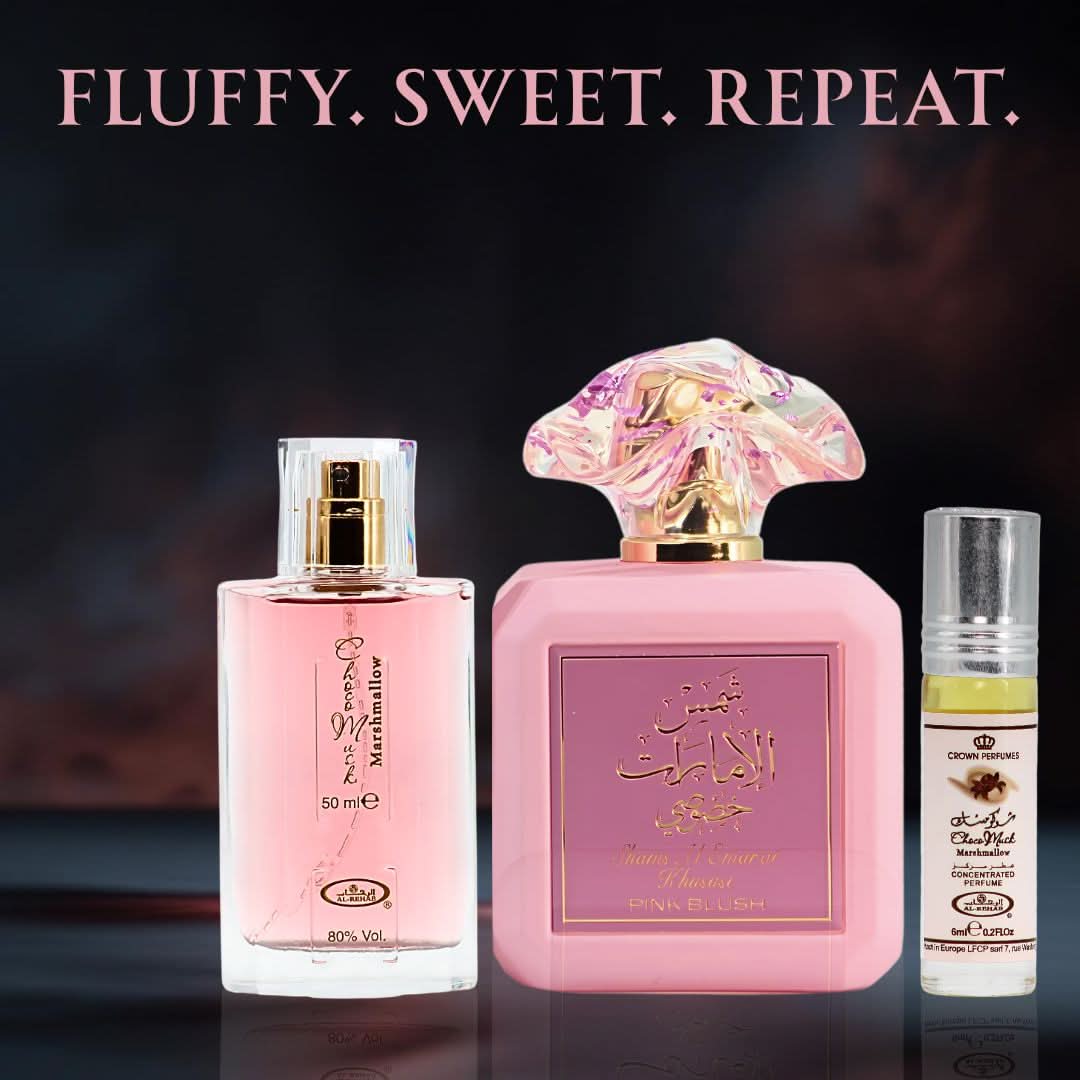 Bundle of Ard Al Zaafaran Pink Blush Eau De Parfum 100ml, Choco Musk Marshmallow Eau De Parfum 50ml, and 6ml Roll-On perfume.