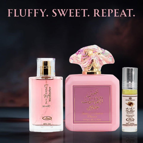Bundle of Ard Al Zaafaran Pink Blush Eau De Parfum 100ml, Choco Musk Marshmallow Eau De Parfum 50ml, and 6ml Roll-On perfume.