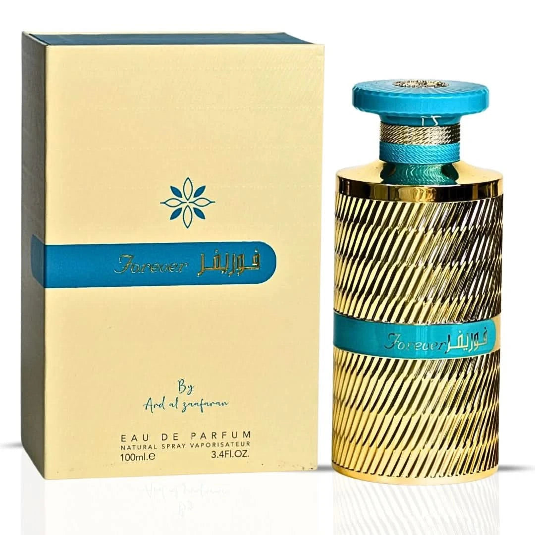 Bundle of Ard Al Zaafaran Pink Blush and Forever Gold Eau de Parfum sprays, 100ml each, featuring elegant pink and gold bottles.