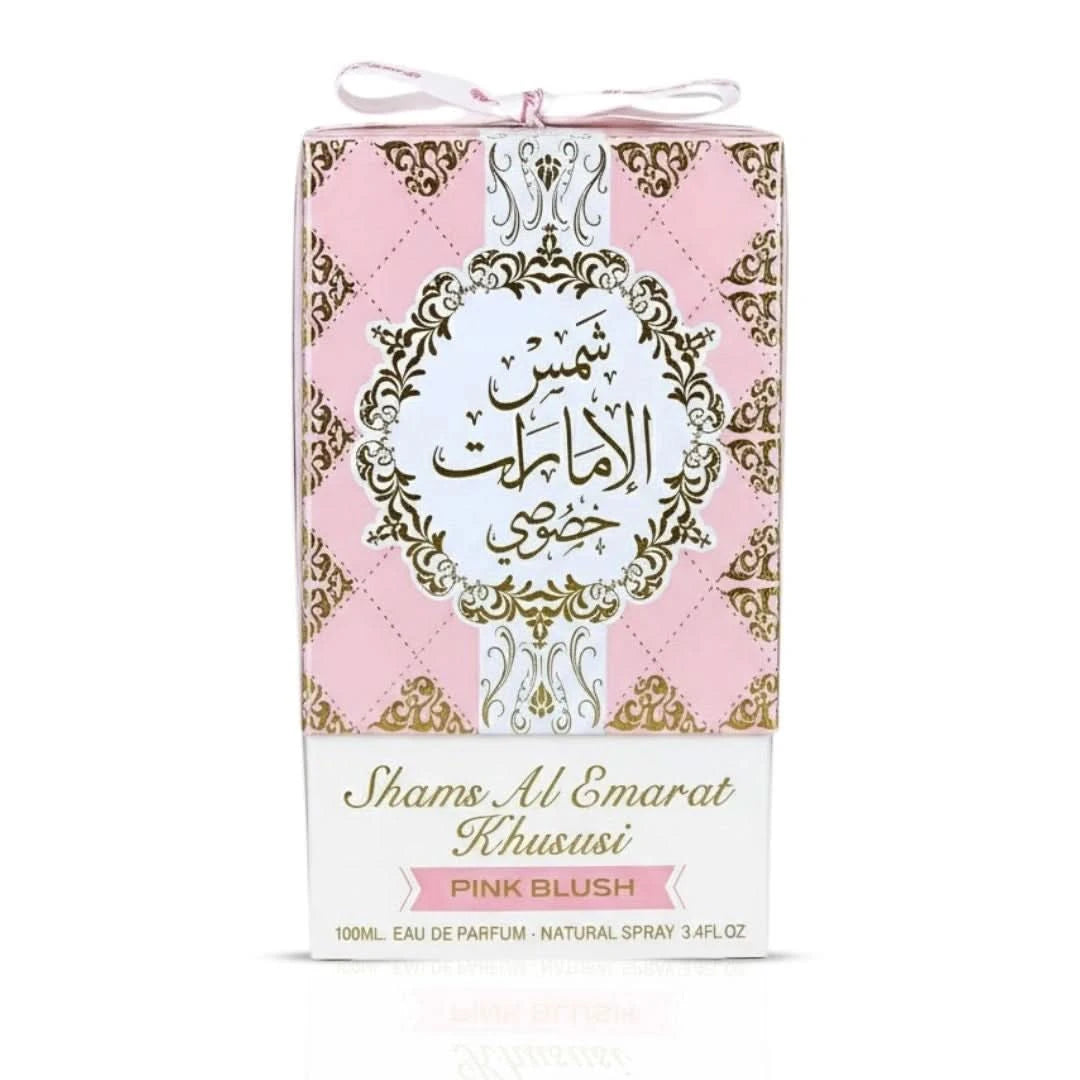 Pink Blush Shams Al Emarat Khususi Eau de Parfum spray by Ard Al Zaafaran, 100ml, featuring a pink bottle and elegant design.