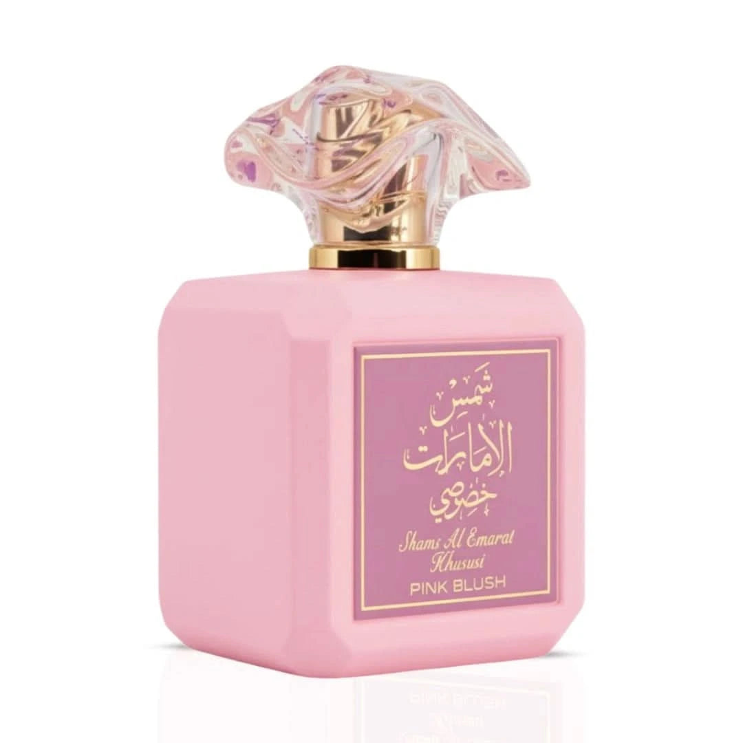 Pink Blush Shams Al Emarat Khususi Eau de Parfum spray by Ard Al Zaafaran, 100ml, featuring a pink bottle and elegant fragrance design.