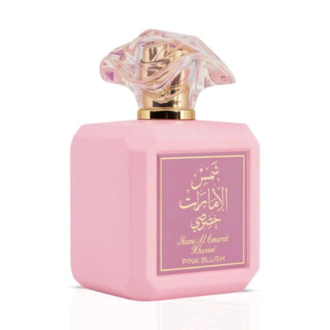 Pink Blush Shams Al Emarat Khususi Eau de Parfum spray by Ard Al Zaafaran, 100ml, featuring a pink bottle and elegant fragrance design.