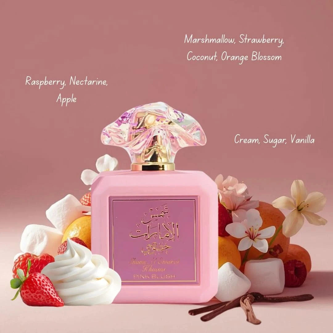 Pink Blush Shams Al Emarat Khususi Eau de Parfum spray by Ard Al Zaafaran, 100ml bottle with pink and gold fragrance packaging.