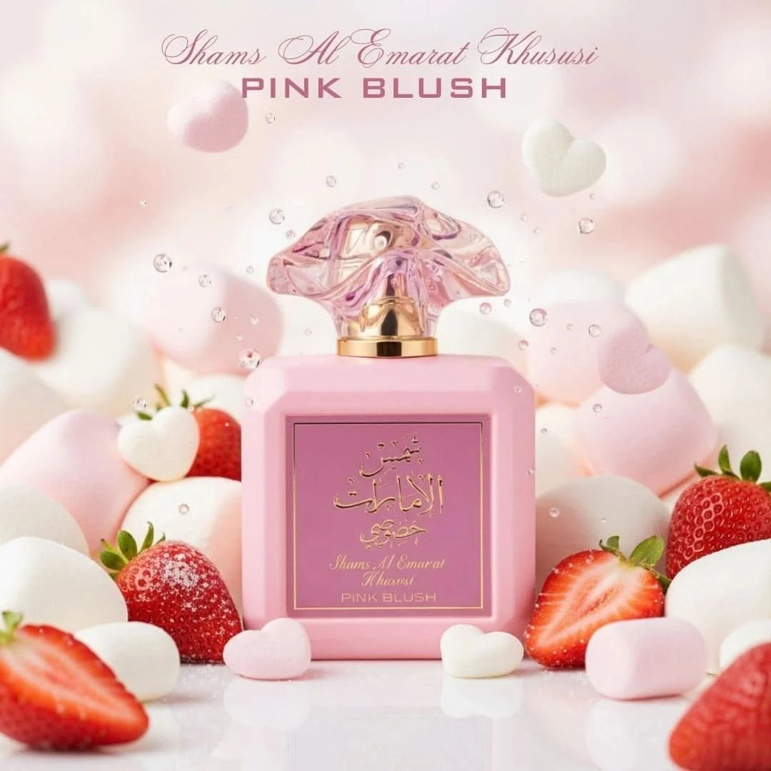 Pink Blush Shams Al Emarat Khususi Eau de Parfum spray by Ard Al Zaafaran, 100ml bottle, elegant floral fragrance in a decorative bottle.