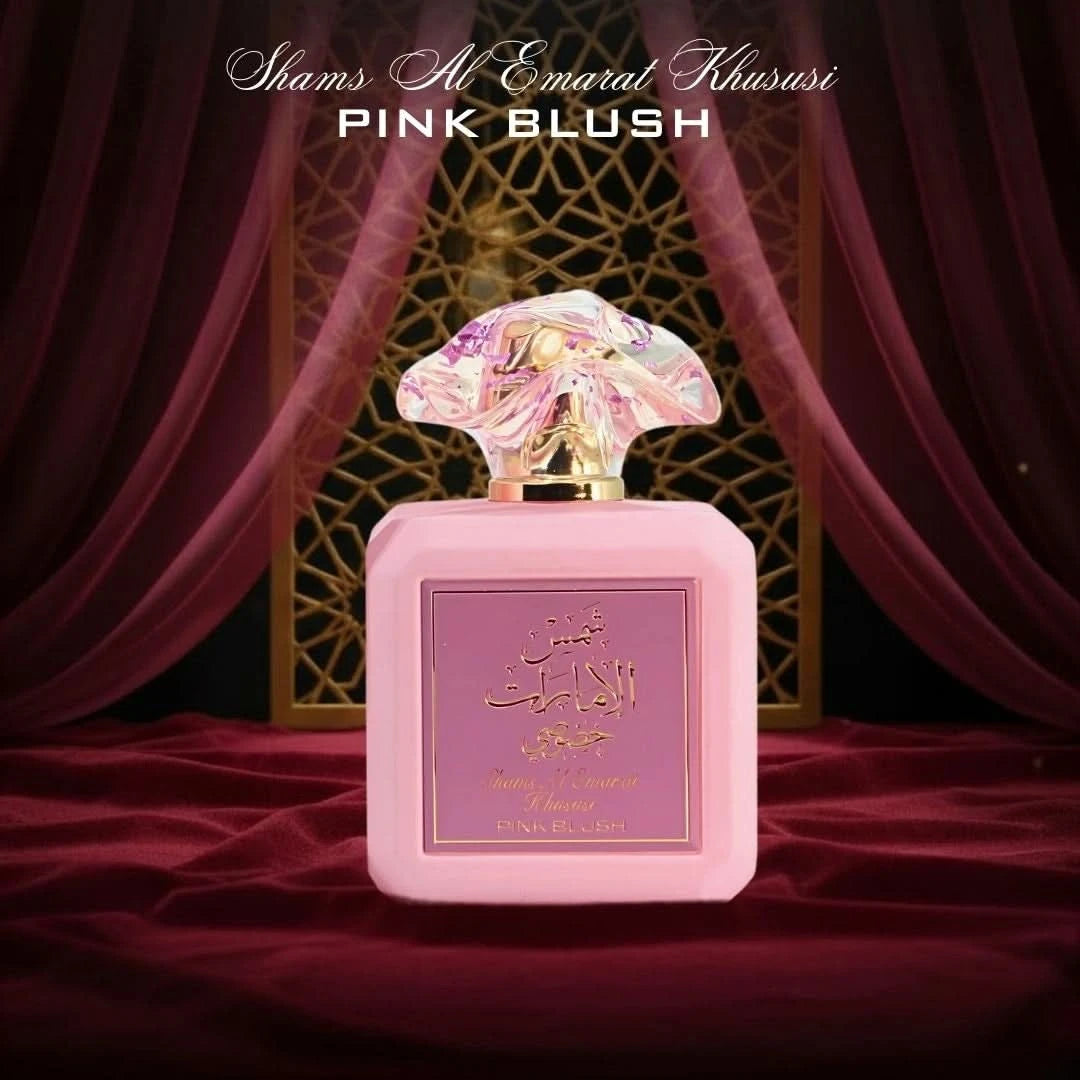 Pink Blush Shams Al Emarat Khususi Eau de Parfum spray by Ard Al Zaafaran, 100ml, featuring a pink bottle with elegant design.