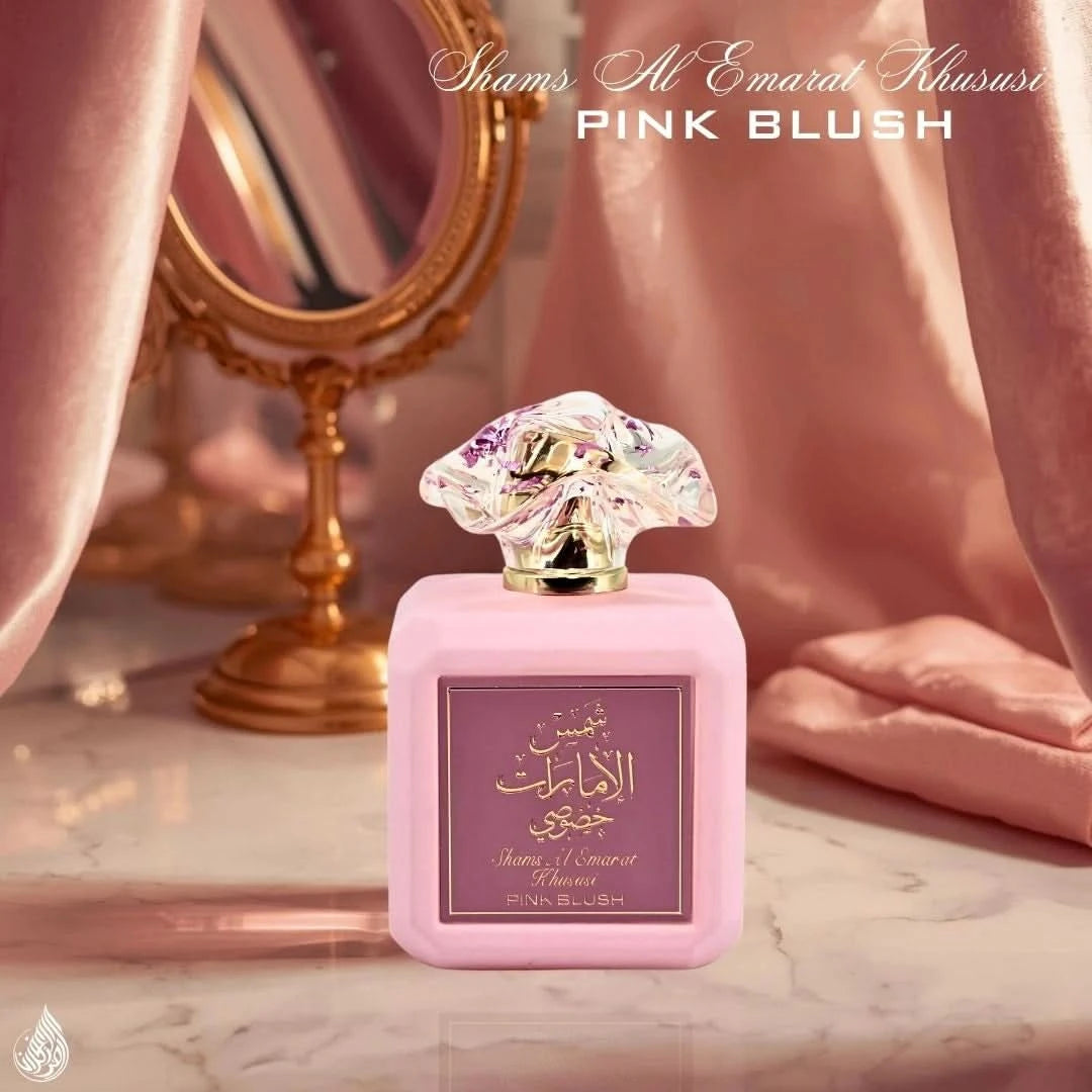 Pink Blush Shams Al Emarat Khususi Eau de Parfum spray by Ard Al Zaafaran, 100ml bottle with pink and gold accents.