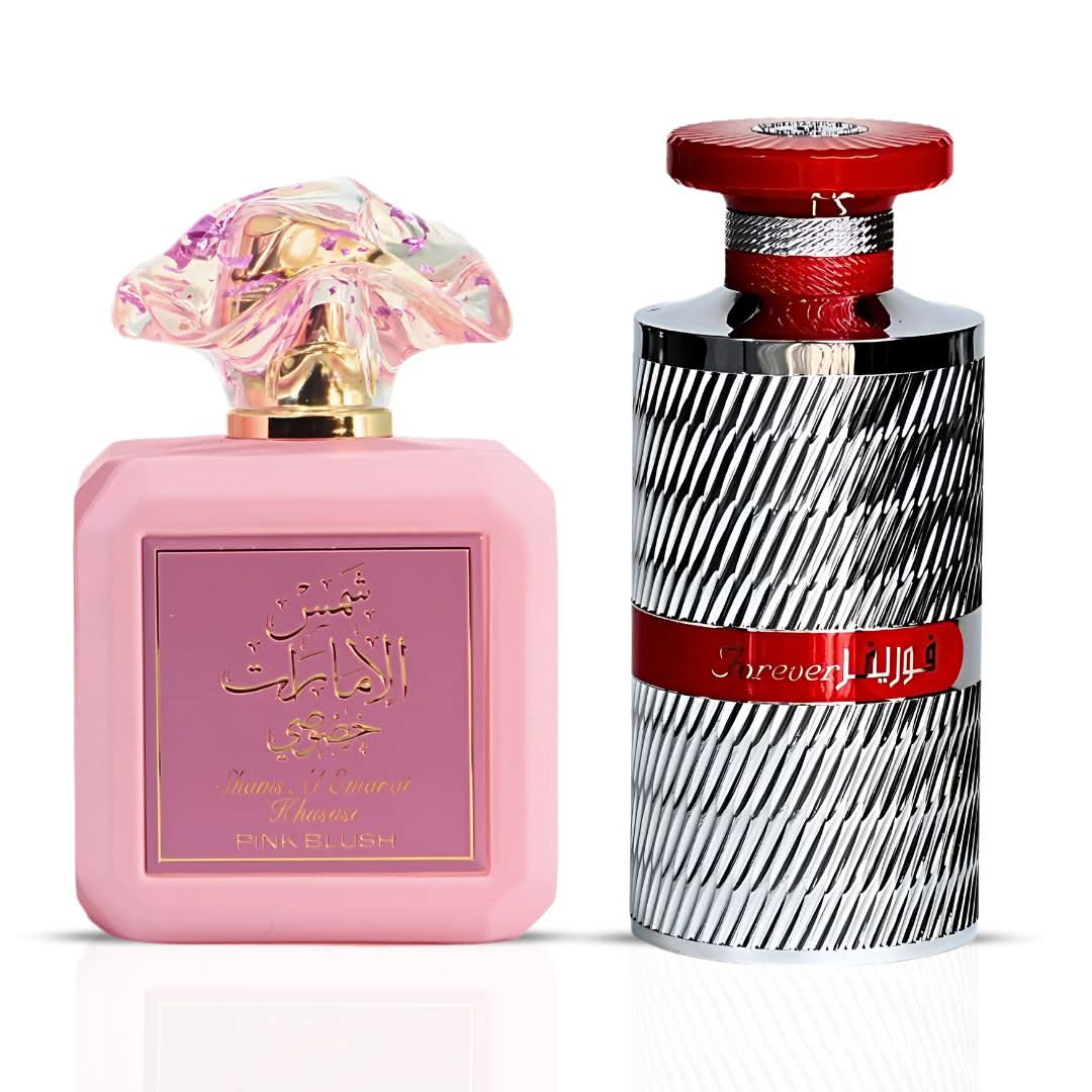 Bundle of Ard Al Zaafaran Pink Blush Shams Al Emarat and Forever Silver Eau de Parfum sprays, 100ml each, with floral and fresh scents
