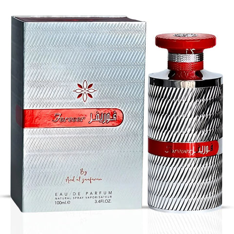 Bundle of Ard Al Zaafaran Pink Blush Shams Al Emarat and Forever Silver Eau de Parfum sprays, 100ml each, with floral and silver accents.