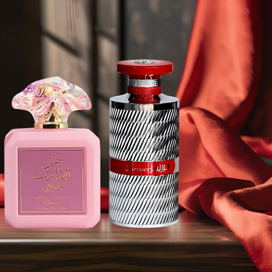 Bundle of Ard Al Zaafaran Pink Blush Shams Al Emarat and Forever Silver Eau de Parfum sprays in 100ml bottles, featuring floral and fresh scents.
