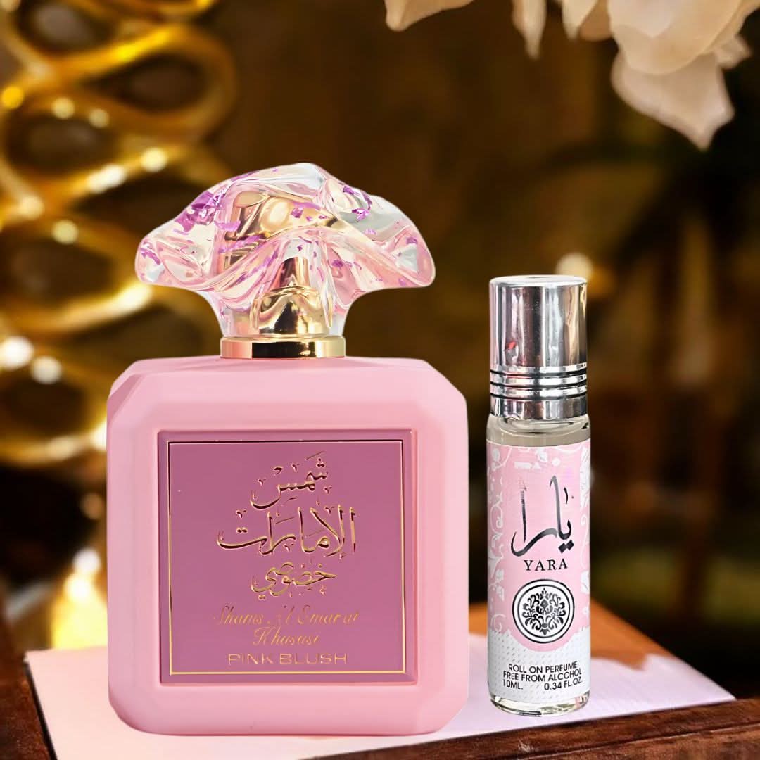 Pink Blush Eau de Parfum spray and Yara Roll-On CPO by Ard Al Zaafaran, showcasing the pink bottle and roll-on container.