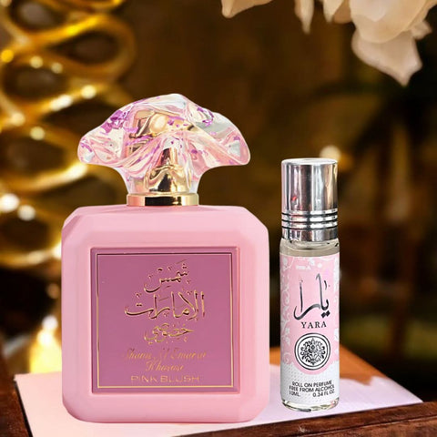 Pink Blush Eau de Parfum spray and Yara Roll-On CPO by Ard Al Zaafaran, showcasing the pink bottle and roll-on container.