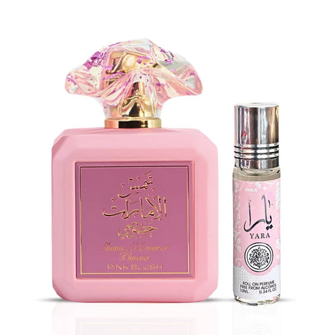 Bundle of Ard Al Zaafaran Pink Blush Eau de Parfum spray and Yara roll-on CPO, featuring pink liquid perfumes in elegant bottles.