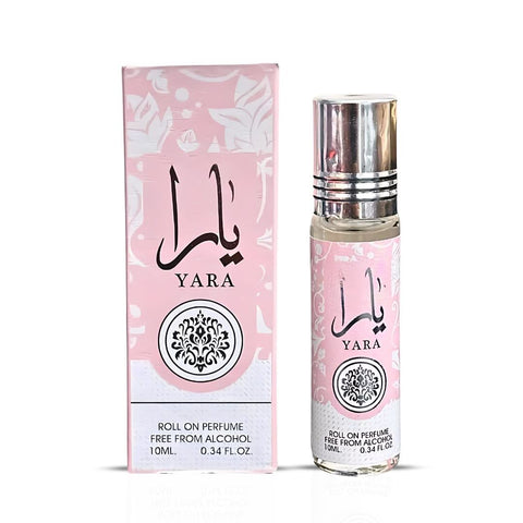 Ard Al Zaafaran Pink Blush Eau de Parfum spray and Yara Roll On CPO perfume bundle with pink bottle and small roll-on container.