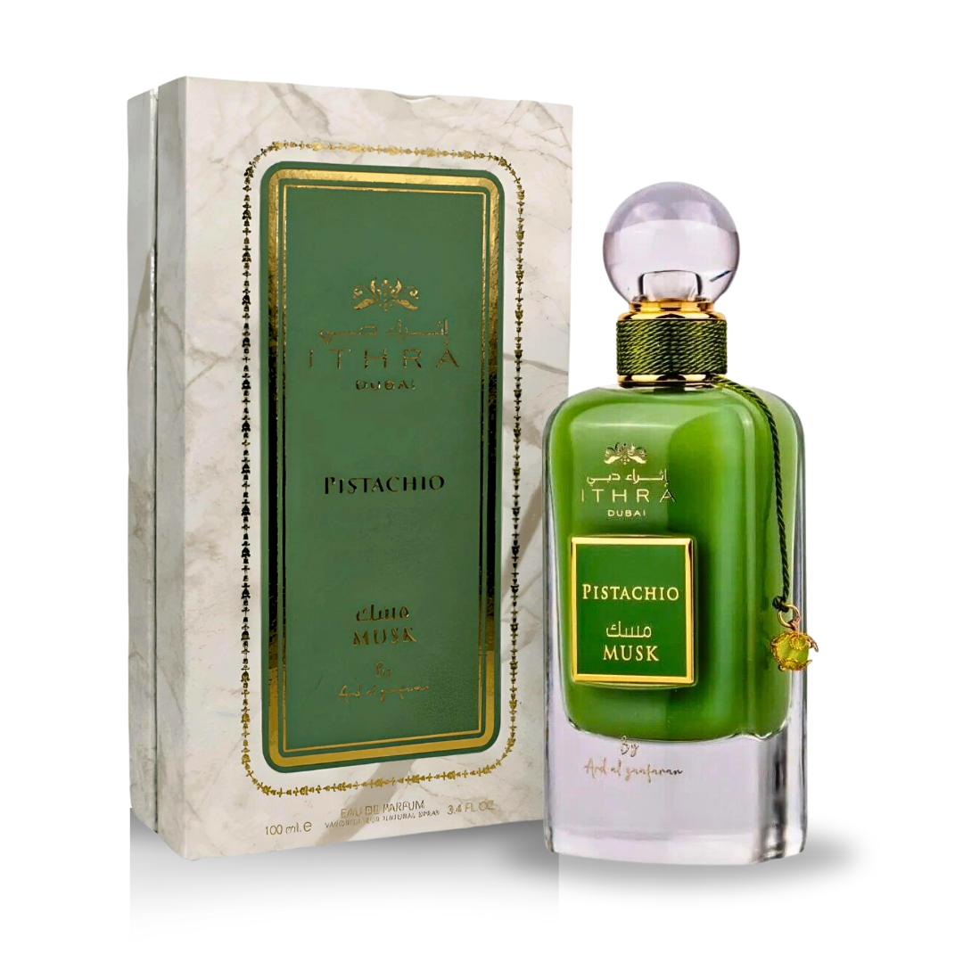 Ard Al Zaafaran Pistachio Musk Eau de Parfum spray 100ml bottle, featuring a sleek design and pistachio and musk fragrance notes.