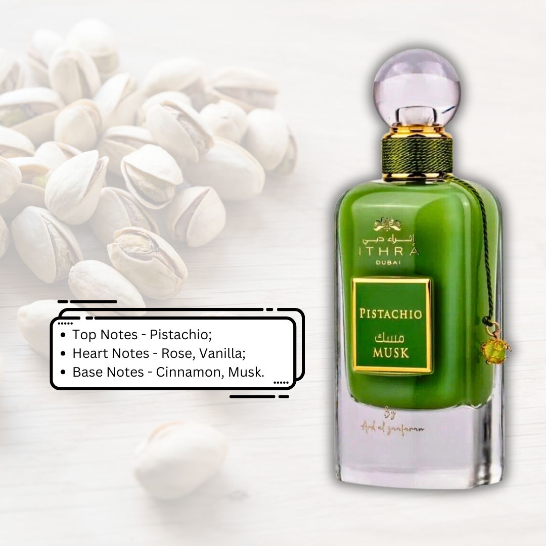 Ard Al Zaafaran Pistachio Musk Eau de Parfum spray 100ml bottle with pistachio and musk notes visible.