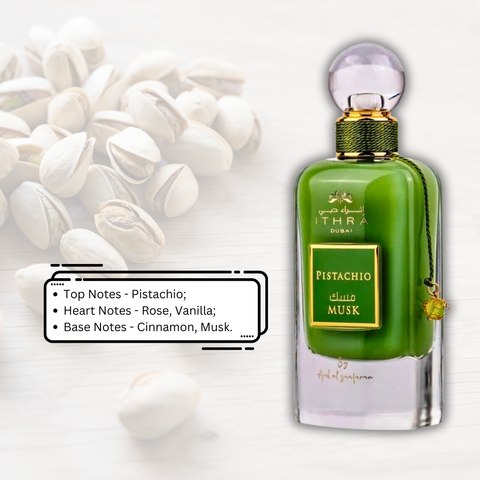 Ard Al Zaafaran Pistachio Musk Eau de Parfum spray 100ml bottle with pistachio and musk notes visible.