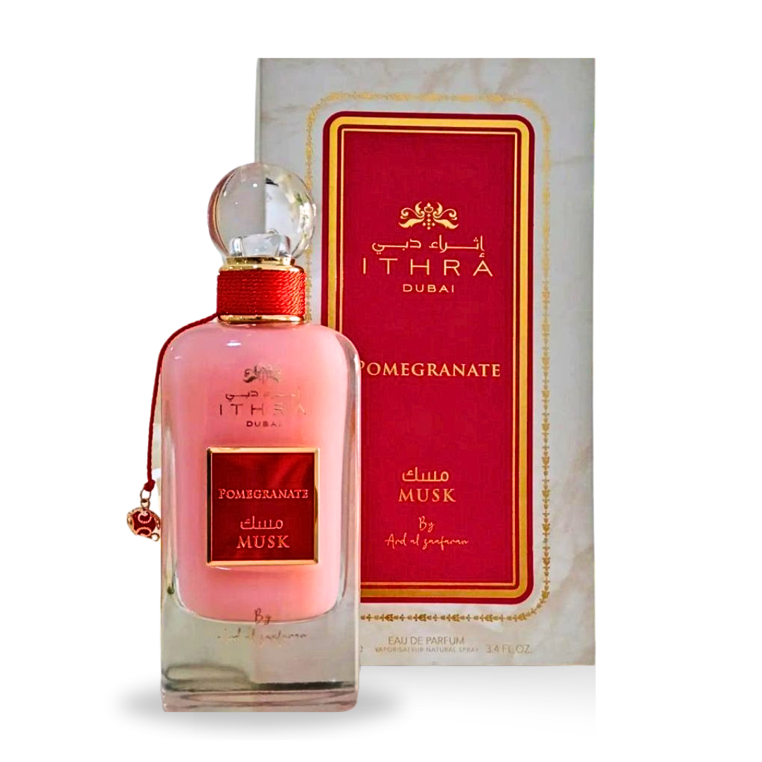 Ard Al Zaafaran Pomegranate Musk Eau de Parfum spray 100ml bottle with packaging, featuring a sleek design and vibrant label.