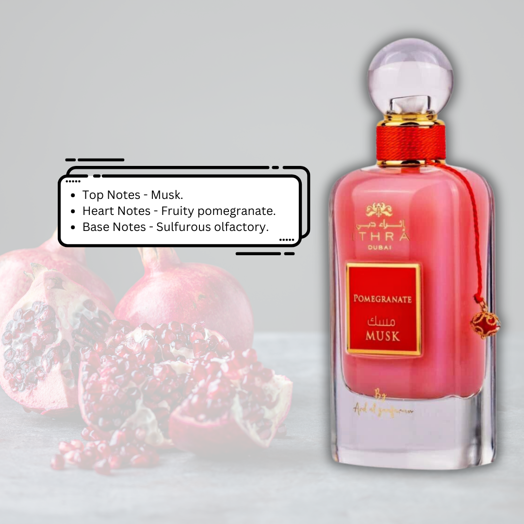 Ard Al Zaafaran Pomegranate Musk Eau de Parfum spray 100ml, featuring a sleek bottle with a deep red and gold design.
