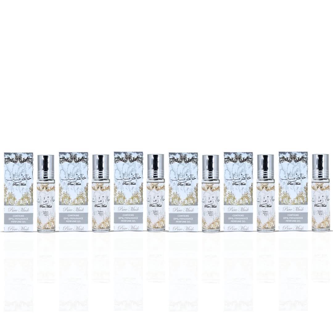 Six bottles of Ard Al Zaafaran Pure Musk CPO 10ml concentrated perfume oil displayed together in clear glass bottles.