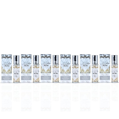 Six bottles of Ard Al Zaafaran Pure Musk CPO 10ml concentrated perfume oil displayed together in clear glass bottles.