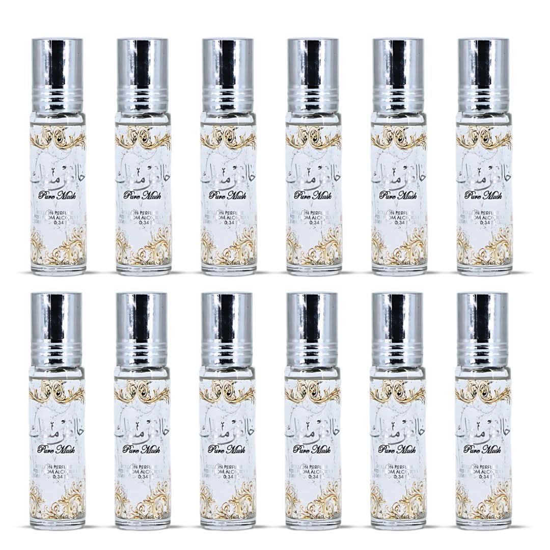 Ard Al Zaafaran Pure Musk CPO perfume oil 10ml bottle, front view, concentrated perfumed oil in sleek packaging, set of 12.