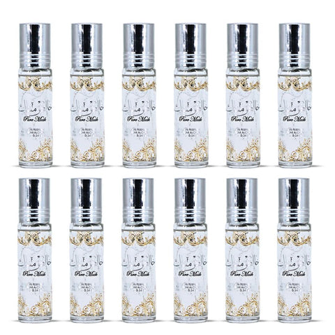 Ard Al Zaafaran Pure Musk CPO perfume oil 10ml bottle, front view, concentrated perfumed oil in sleek packaging, set of 12.
