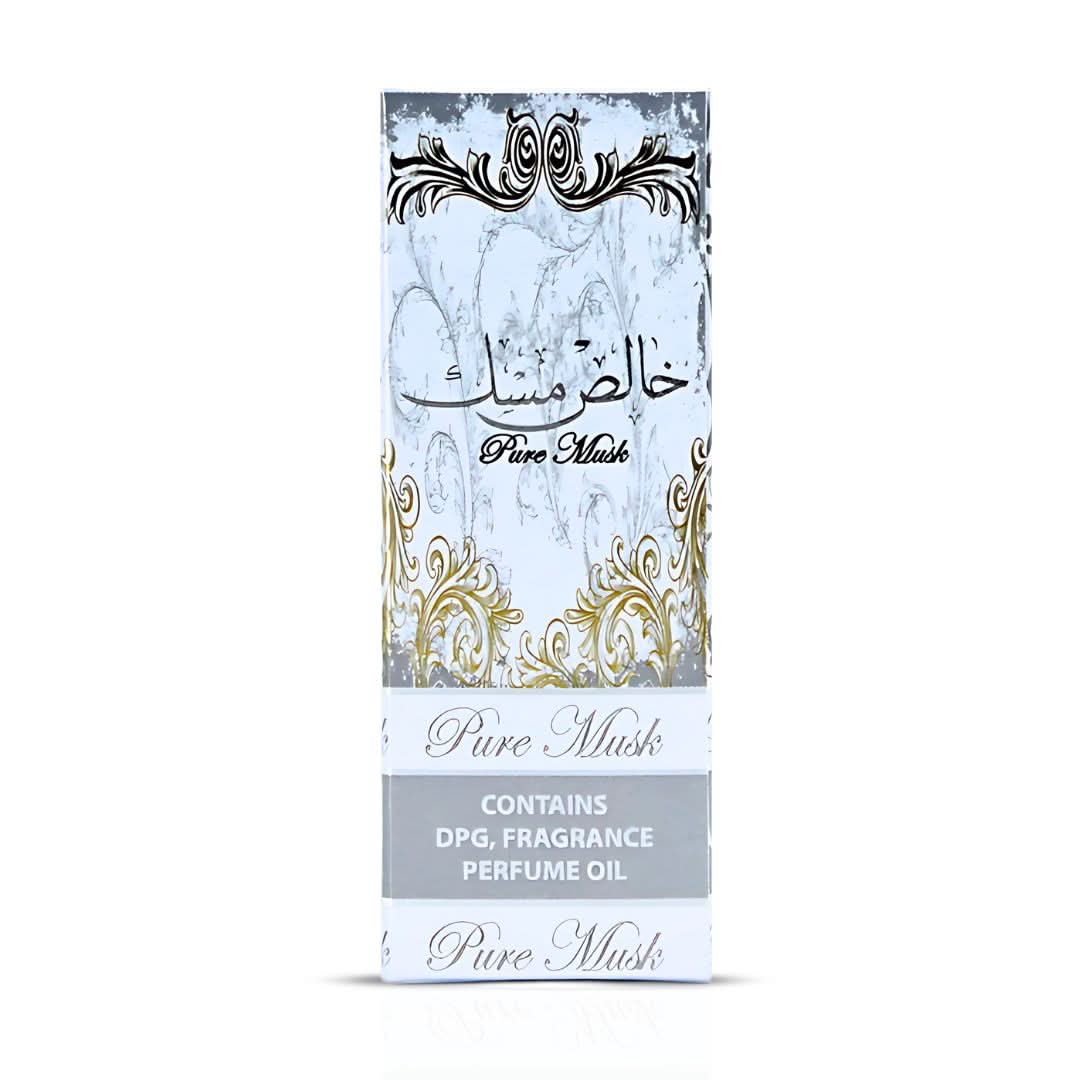 Set of three Ard Al Zaafaran Pure Musk perfume oils in 10ml bottles with minimalist labels, concentrated CPO fragrance.