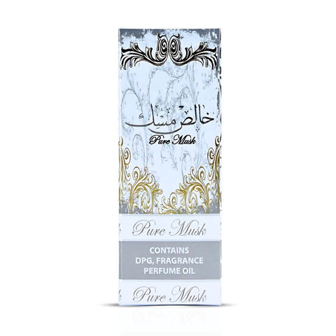 Set of three Ard Al Zaafaran Pure Musk perfume oils in 10ml bottles with minimalist labels, concentrated CPO fragrance.