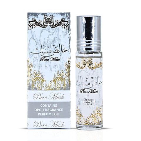 Three 10ml bottles of Ard Al Zaafaran Pure Musk CPO concentrated perfume oil displayed in a pack.