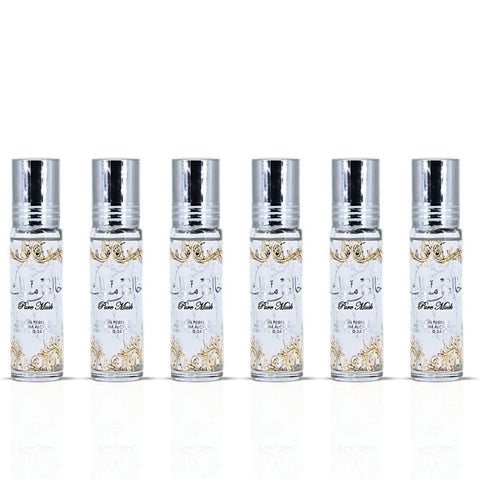 Six bottles of Ard Al Zaafaran Pure Musk roll-on perfume oil, 10ml each, featuring concentrated musk fragrance in sleek packaging.