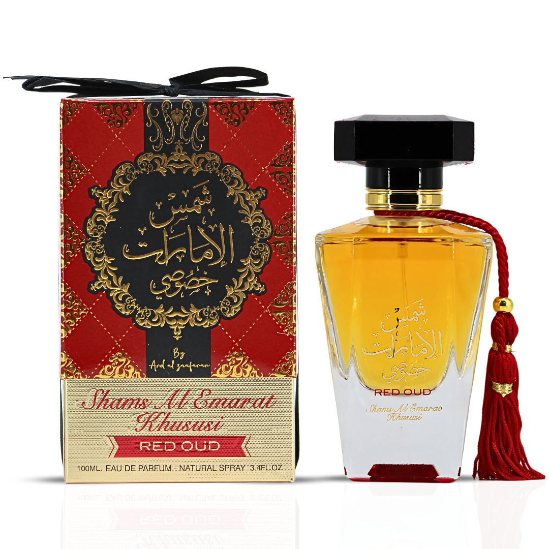 Red Oud Shams Al Emarat Khususi Eau de Parfum spray by Ard Al Zaafaran, 100ml, featuring a luxurious red bottle and elegant cap.