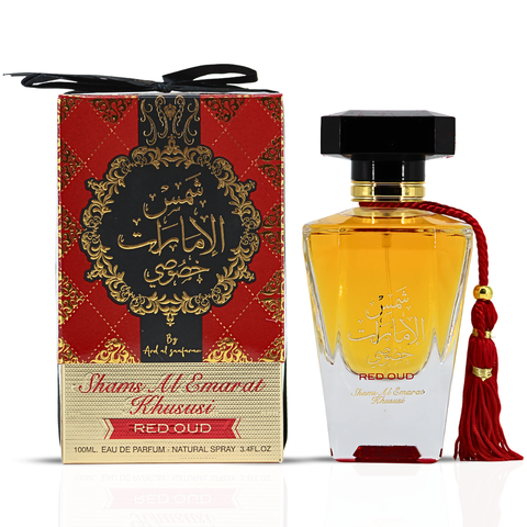 Red Oud Shams Al Emarat Khususi Eau de Parfum spray by Ard Al Zaafaran, 100ml, featuring a luxurious red bottle and elegant cap.