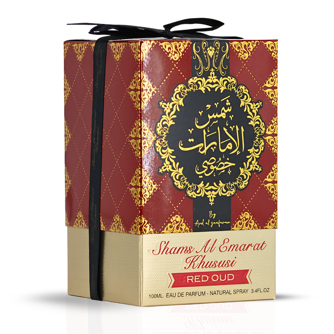 Red Oud Shams Al Emarat Khususi Eau de Parfum spray by Ard Al Zaafaran, 100ml bottle with red and gold packaging.