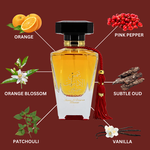 Red Oud Shams Al Emarat Khususi Eau de Parfum spray by Ard Al Zaafaran in a velvet pouch, 100ml, with luxurious packaging.