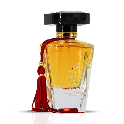 Red Oud Shams Al Emarat Khususi Eau de Parfum spray in a velvet pouch by Ard Al Zaafaran, 100ml, with luxurious packaging.