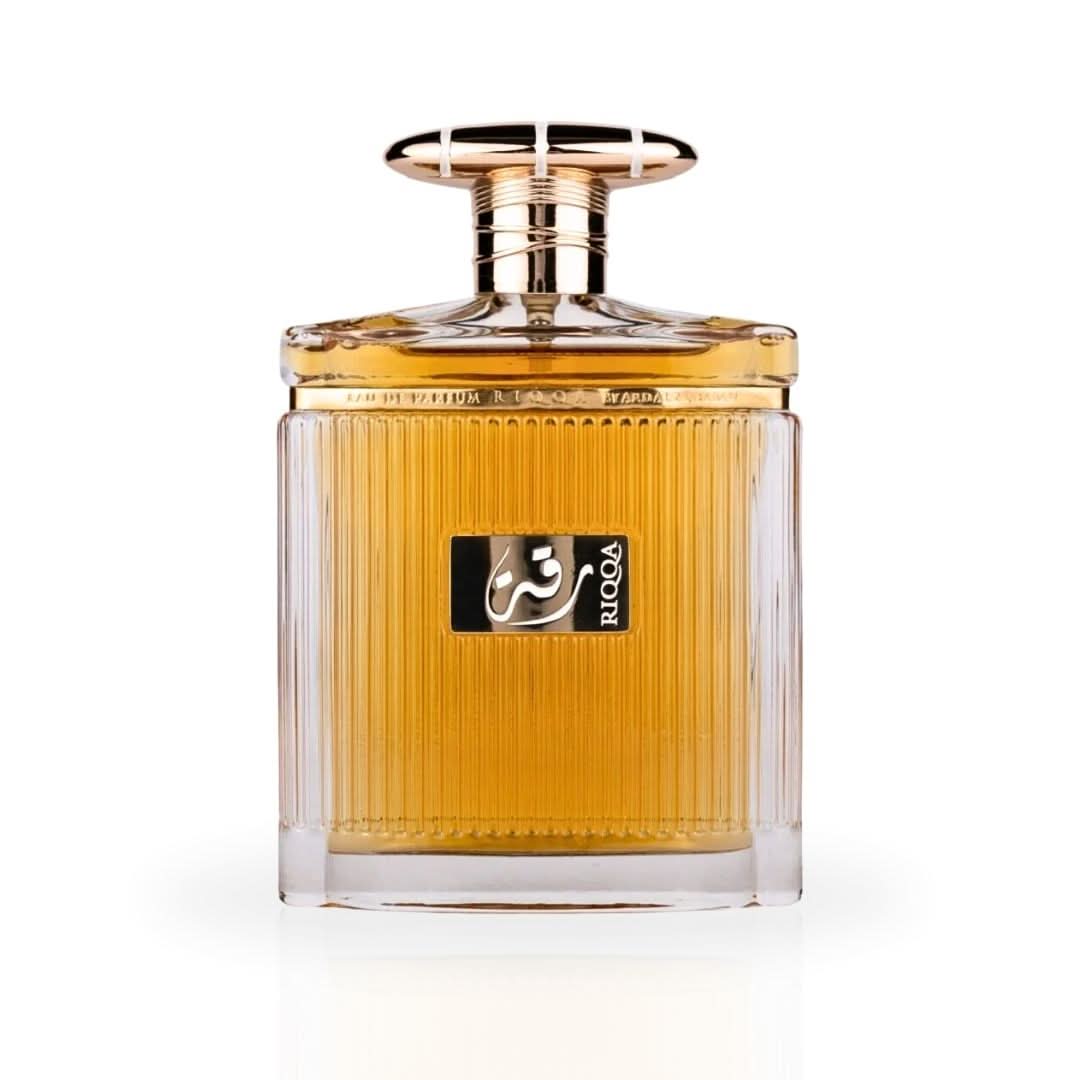 Riqqa Eau de Parfum Spray by Ard Al Zaafaran, 100ml bottle with elegant design, showcasing the fragrance's luxurious branding.