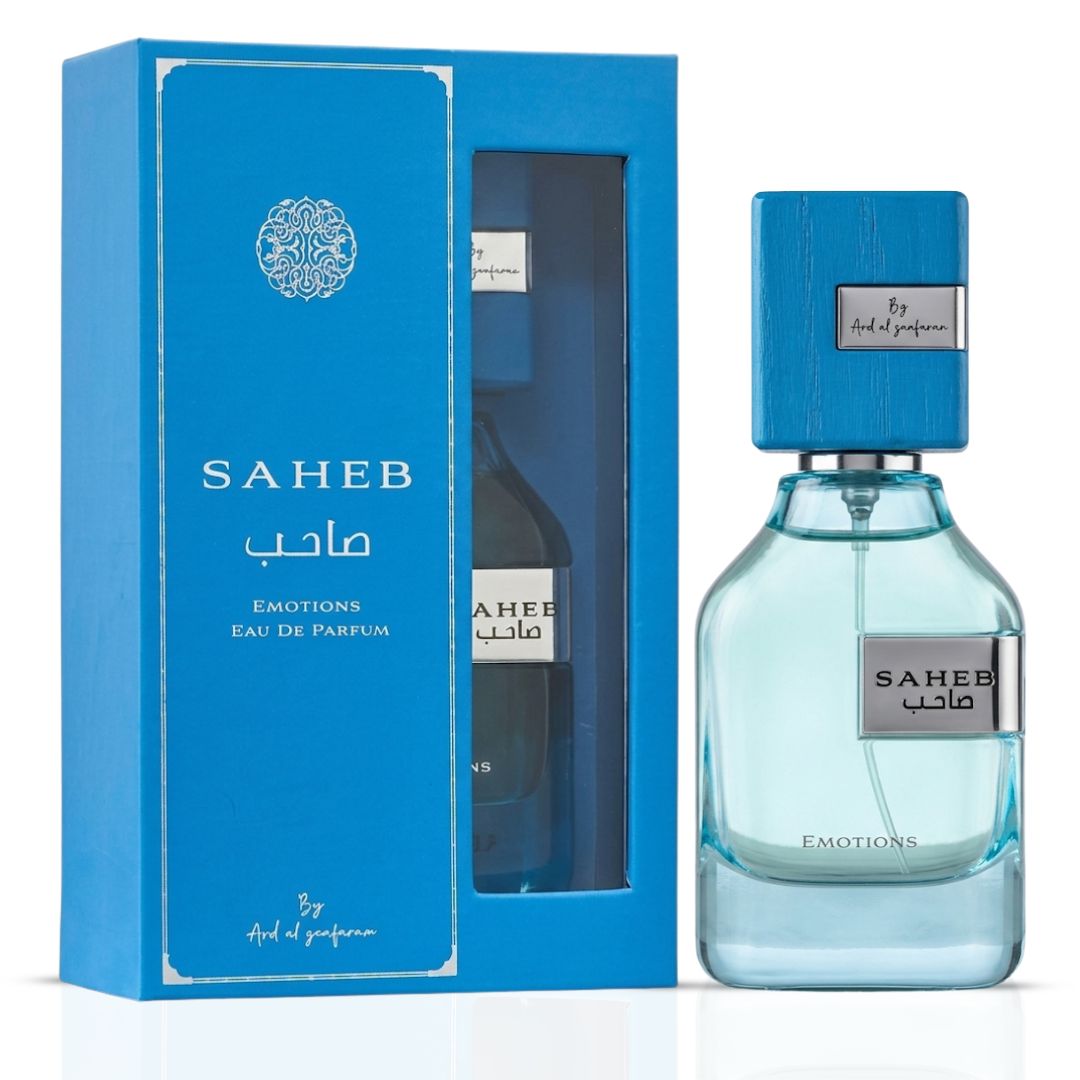 Saheb Emotions Eau de Parfum Spray 100ml by Ard Al Zaafaran, showcasing the elegant perfume bottle with floral and oriental design elements.