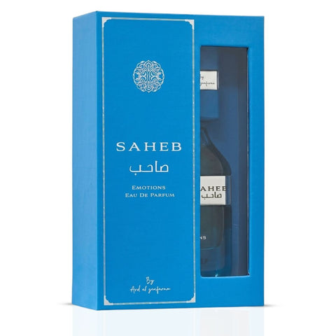 Saheb Emotions Eau de Parfum spray by Ard Al Zaafaran, 100ml bottle with elegant design and floral fragrance accents.