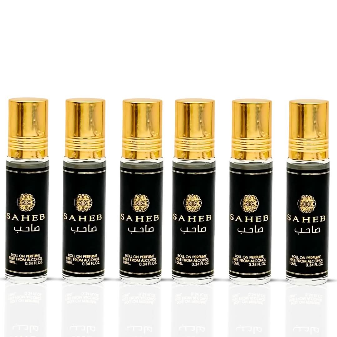Six Ard Al Zaafaran Saheb CPO perfume oil bottles, 10ml each, featuring long-lasting concentrated perfume oils for men and women.