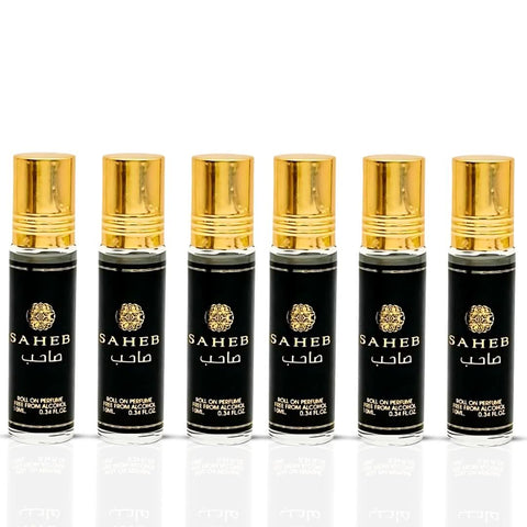 Six Ard Al Zaafaran Saheb CPO perfume oil bottles, 10ml each, featuring long-lasting concentrated perfume oils for men and women.