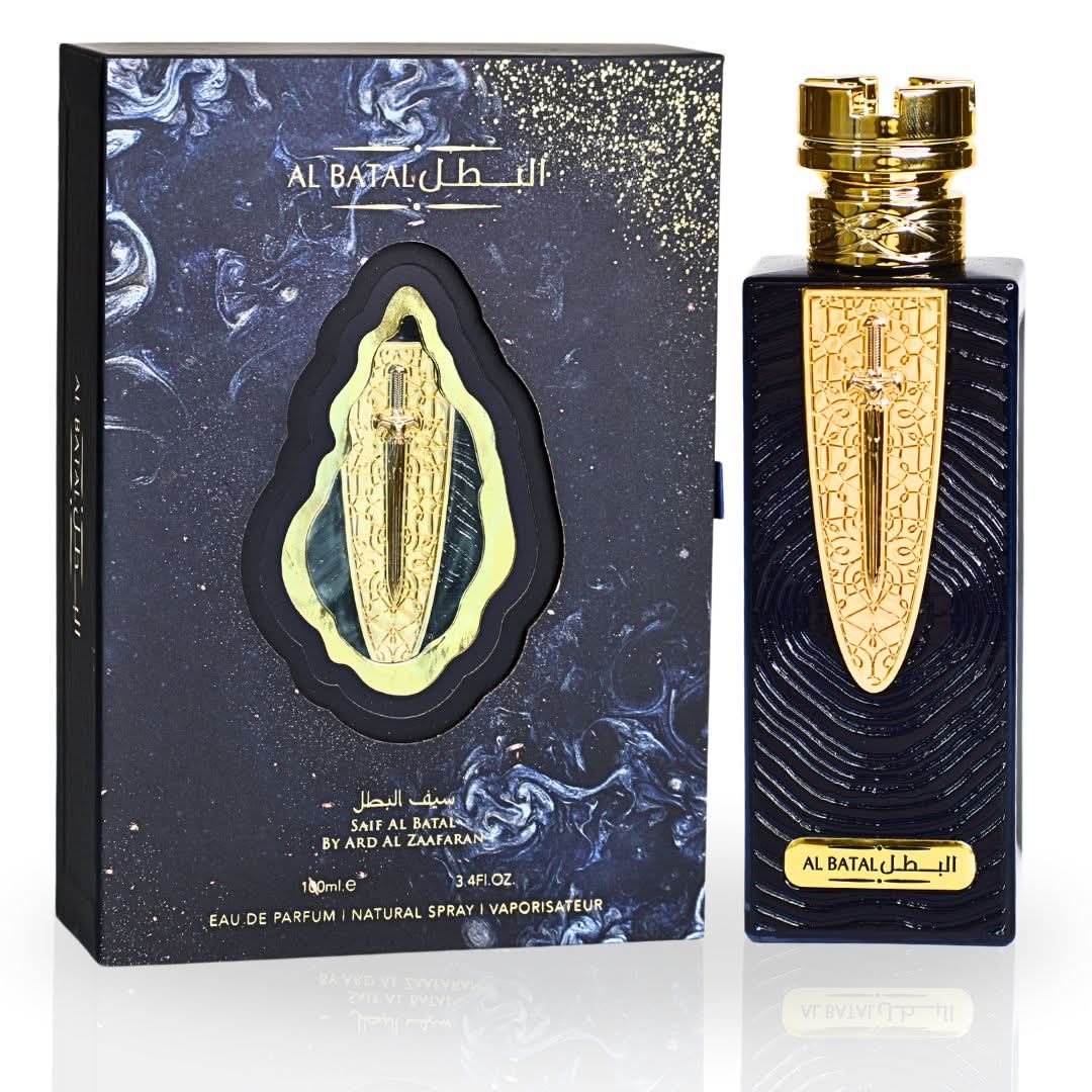 Ard Al Zaafaran Saif Al Batal EDP perfume spray 100ML with exotic fresh and warm scent, featuring a sleek perfume bottle.