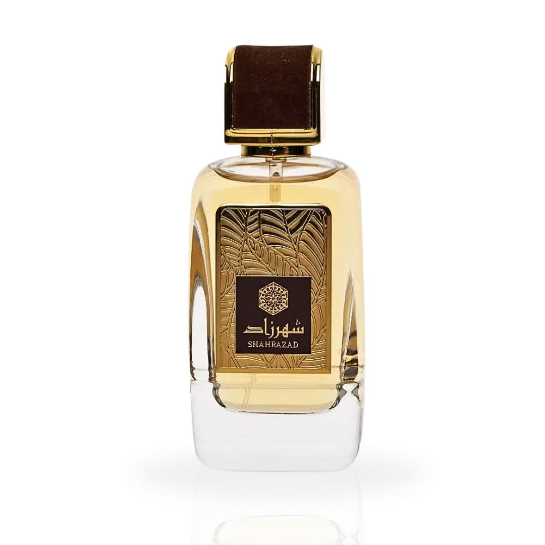 Ard Al Zaafaran Shahrazad EDP spray 100ml with elegant floral perfume bottle, showcasing the luxurious fragrance.